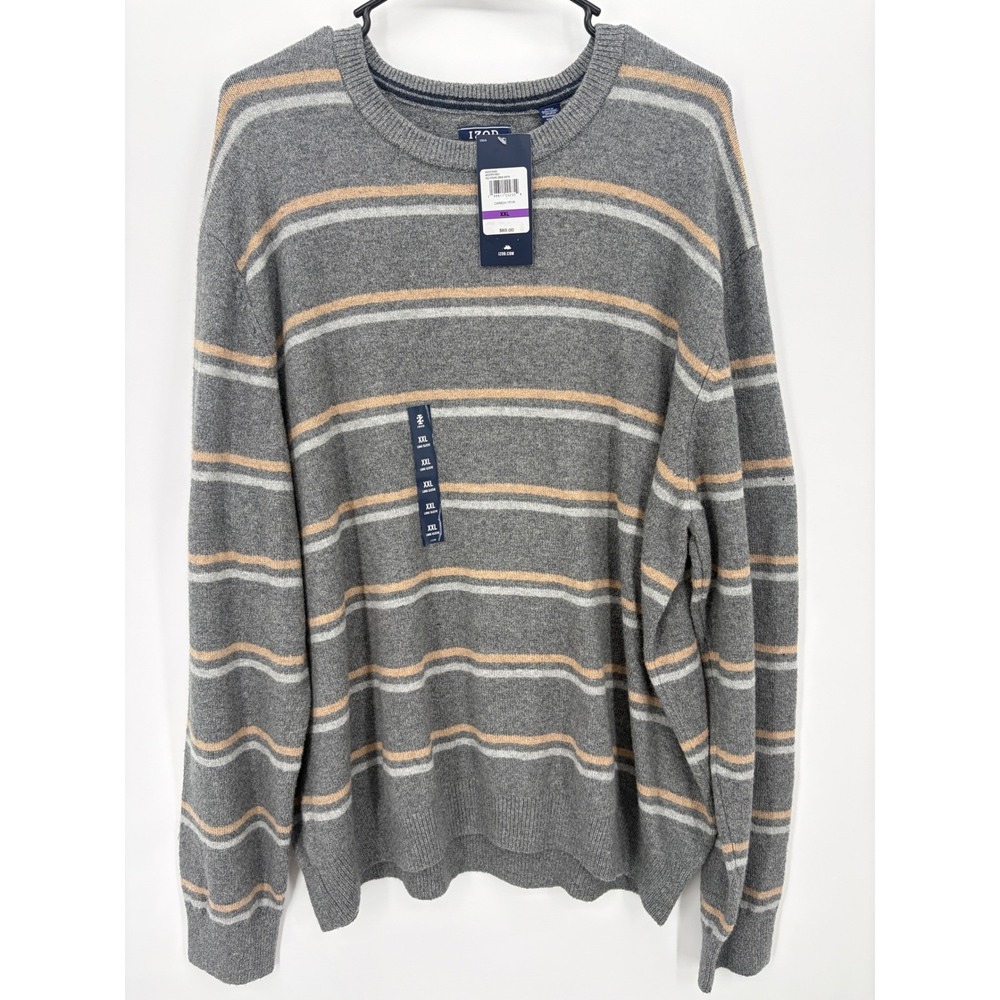 IZOD Premium Essentials Striped Crewneck Sweater Men XXL Gray Tan NWT